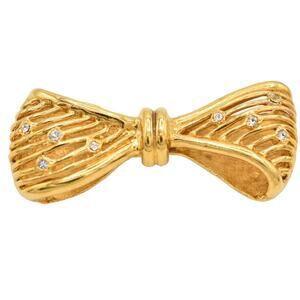 Gontie G Crystal Bow Brooch Pin Rhinestone Gold Tone Heavy Vintage Signed BinV